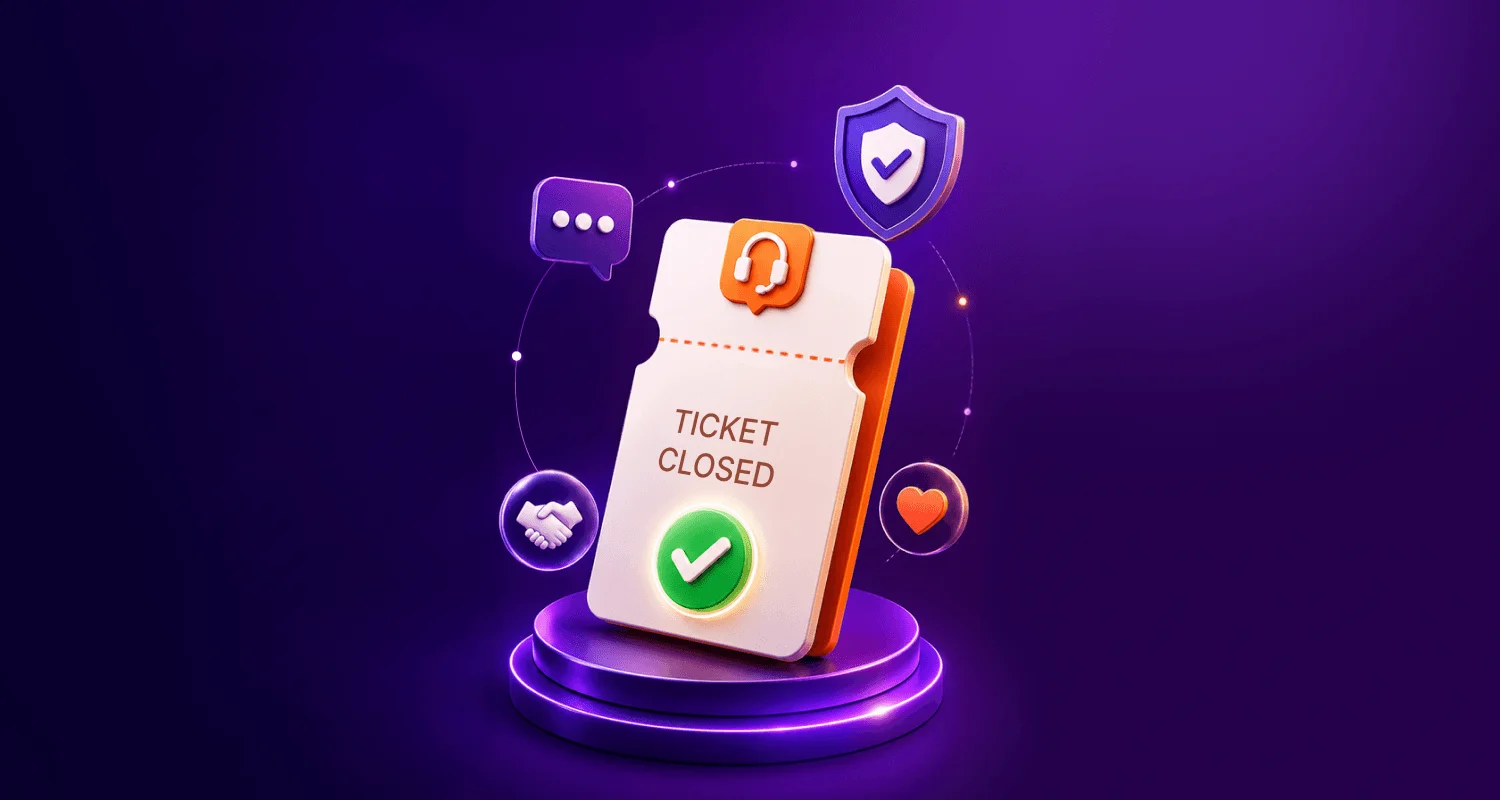 A white and orange closed ticket, green checkmark, and purple support icons showing how to build customer trust
