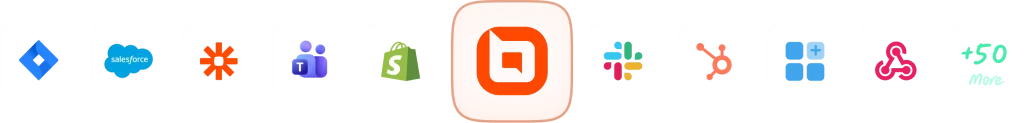 Integration icons for Jira, Salesforce, Zapier, Shopify, Slack, and HubSpot centered around the orange BoldDesk logo.