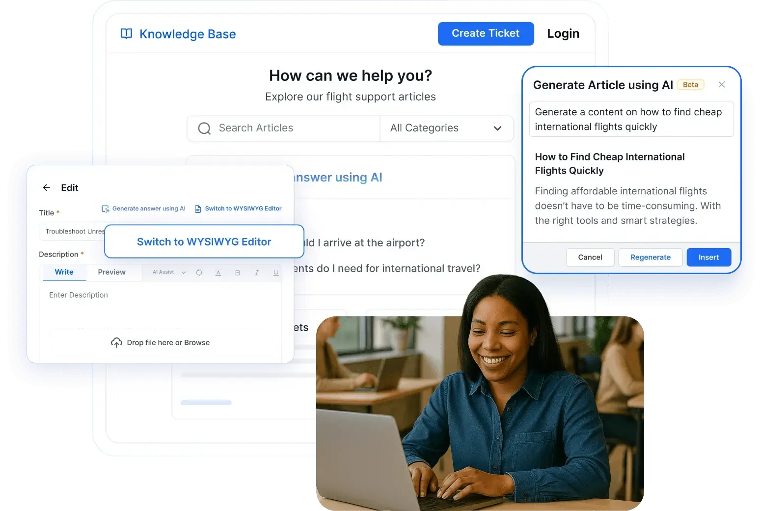 A woman uses a knowledge management system with AI writing tools, reviewing knowledge base content and support ideas.
