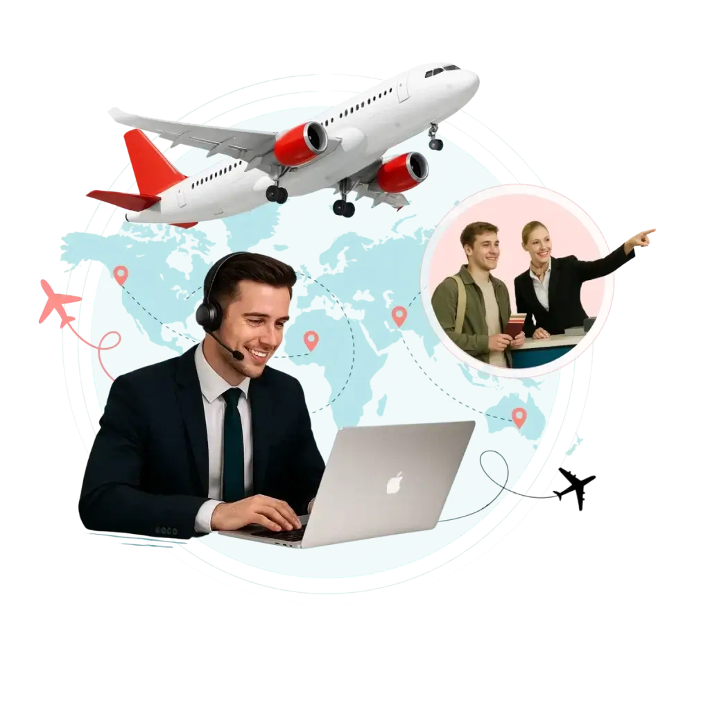 Travel support agent assisting customers with flight bookings, trip inquiries, and global journey coordination.