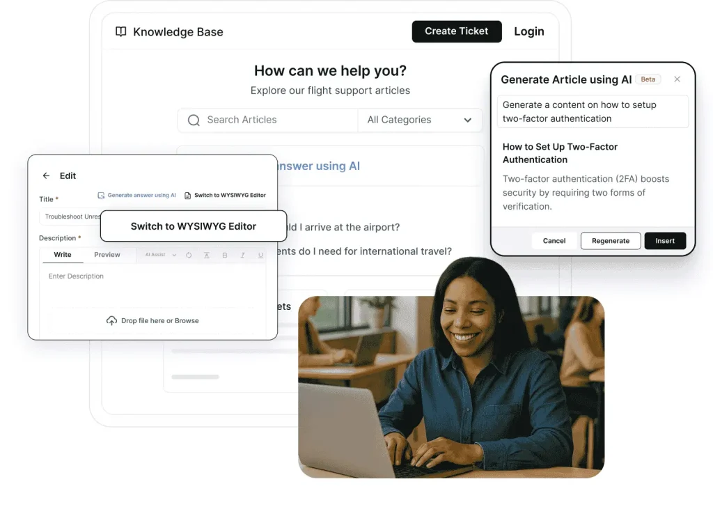AI-powered knowledge base interface generates and edits support articles, with ticketing tools and content workflow.