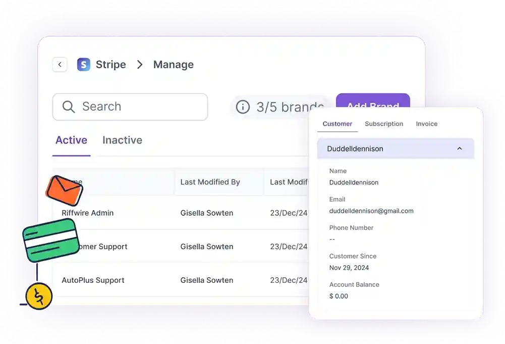 Stripe dashboard showing a list of active support brands with a customer details panel overlay on the right