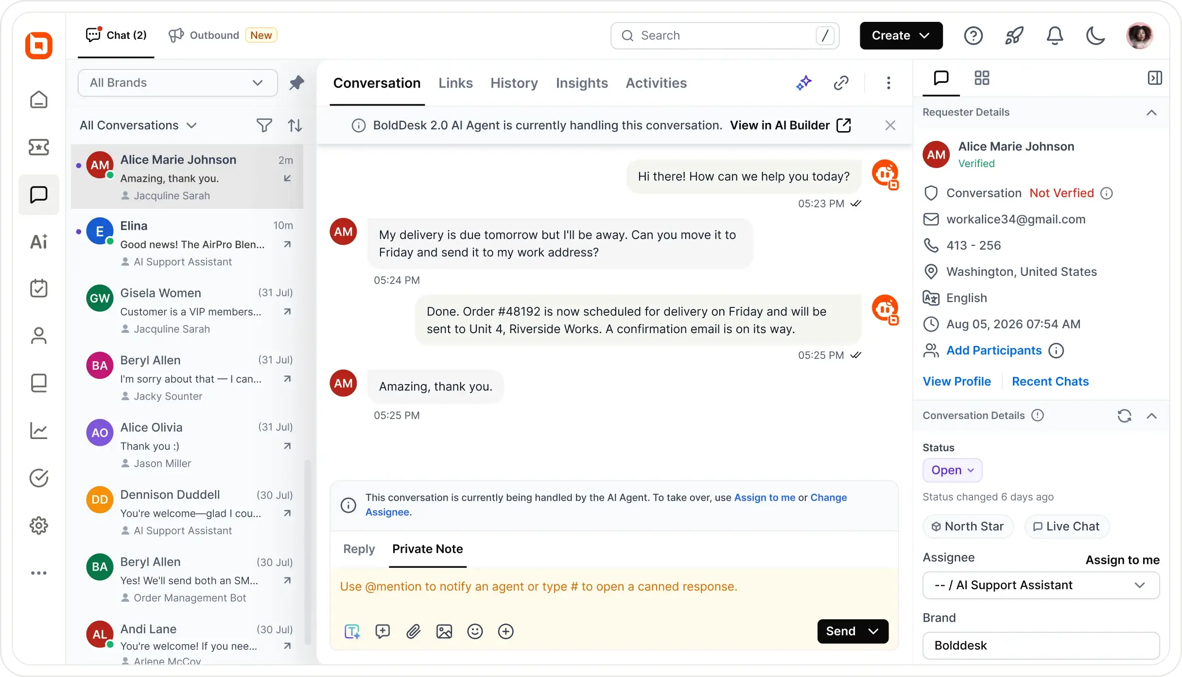 BoldDesk AI Agent reschedules customer delivery and updates the address via live chat AI actions.