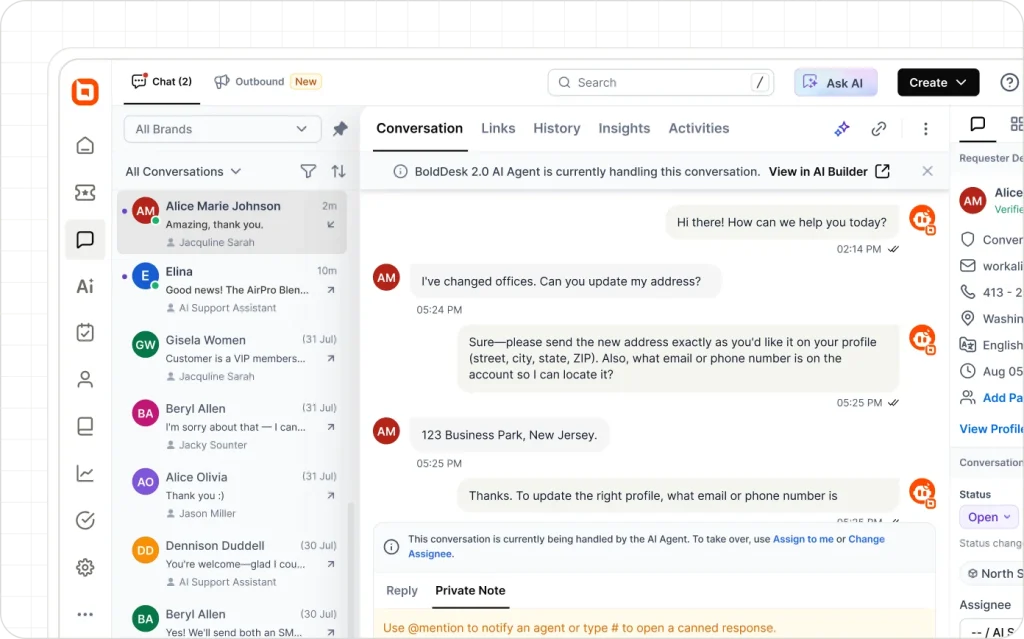 AI-powered customer support chat in BoldDesk web help desk software