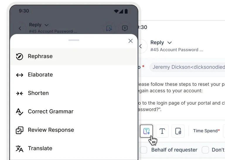 AI assistant menu showing rephrase, elaborate, shorten, grammar correction, translation, and review tools.