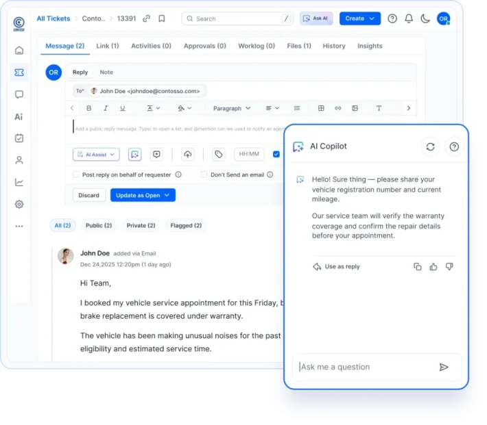 Help Agents Resolve Customer Conversations Faster With AI Copilot by drafting responses and service support