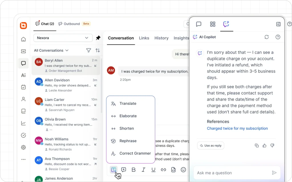 AI Copilot suggesting and improving customer support replies in BoldDesk help desk software