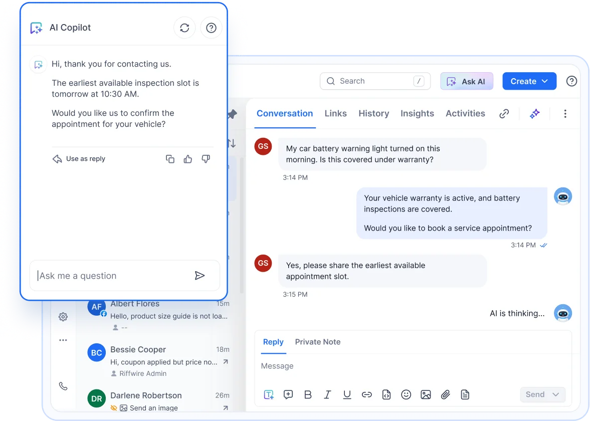 AI assistant panel and support dashboard showing automated replies and conversations in live chat software interface