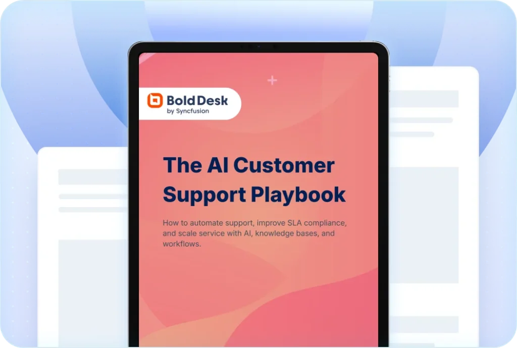 Tablet shows BoldDesk AI playbook with automation, SLA tracking, and smart workflows in a clean interface design modern UI.