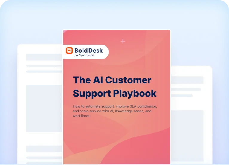 E-book cover titled 'The AI Customer Support Playbook' by Bold Desk, with an orange gradient background focusing on AI.