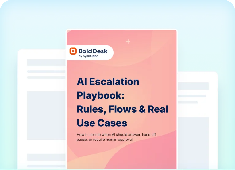 Cover of AI Escalation Playbook titled 'Rules, Flows & Real Use Cases,' on a pink gradient background, by Bold Desk.