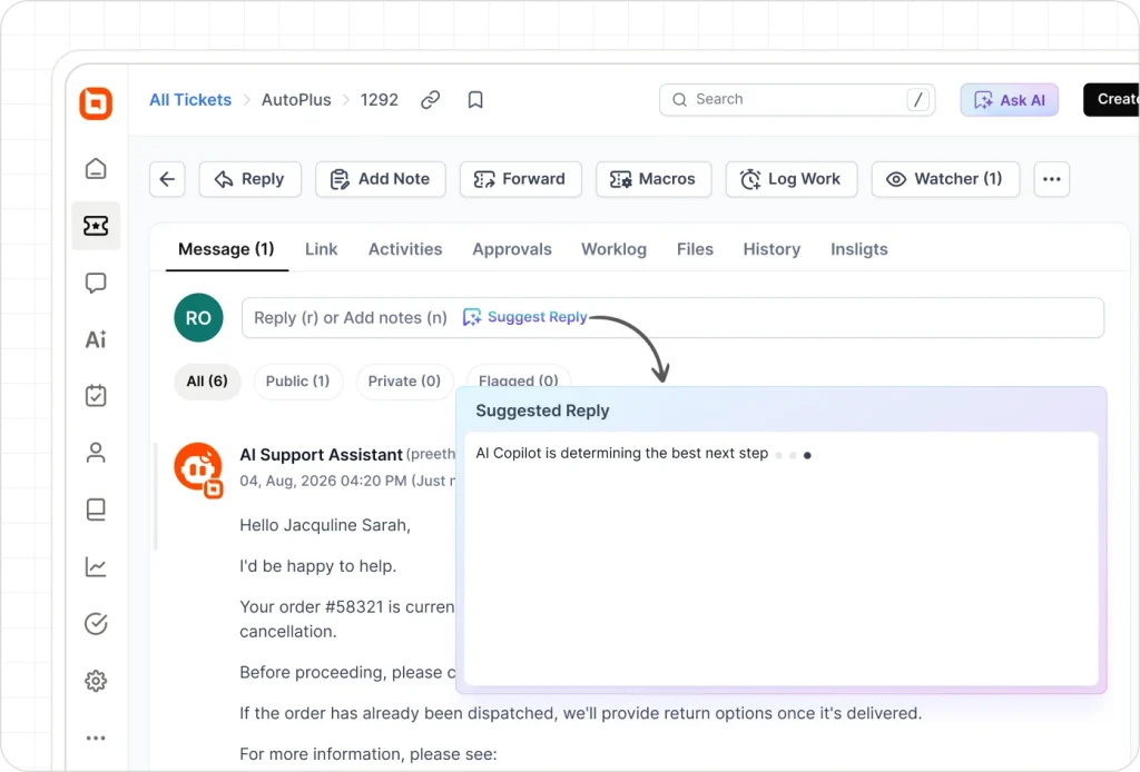 BoldDesk AI Support Assistant suggesting a reply for a customer ticket