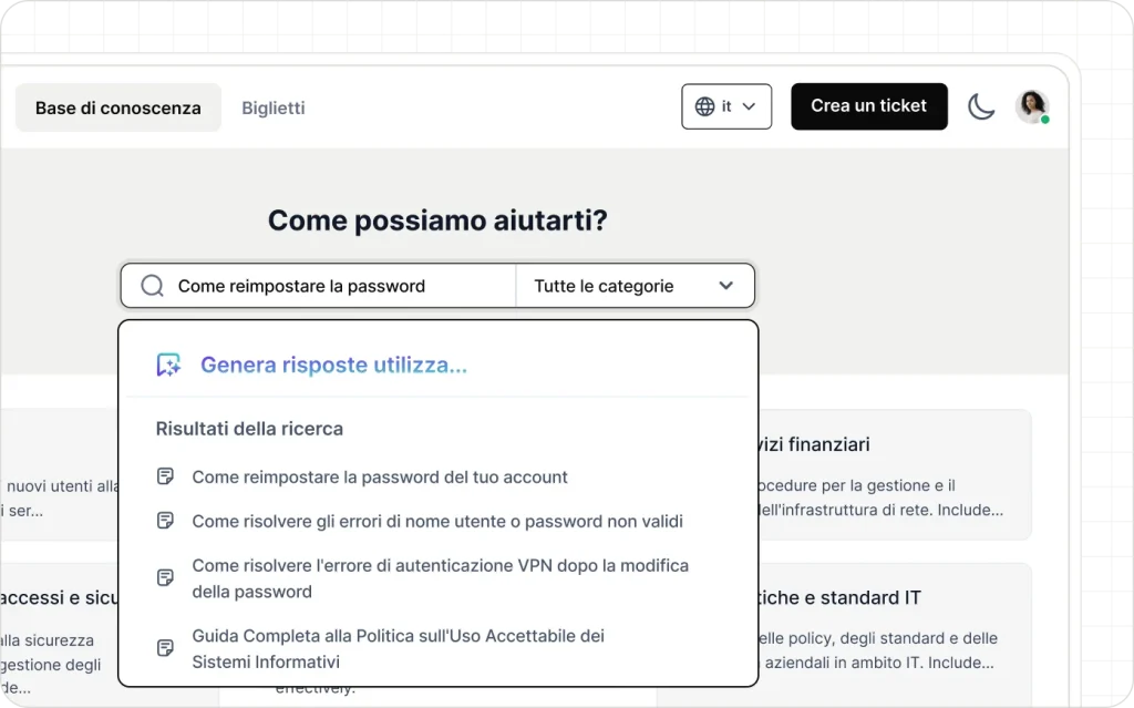 AI-powered knowledge base search displays Italian password reset results and suggested help articles below.