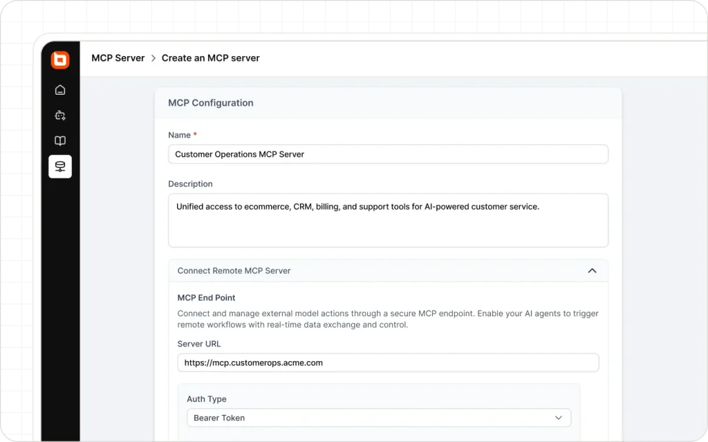 MCP server setup in BoldDesk for secure AI agent integration with external business applications