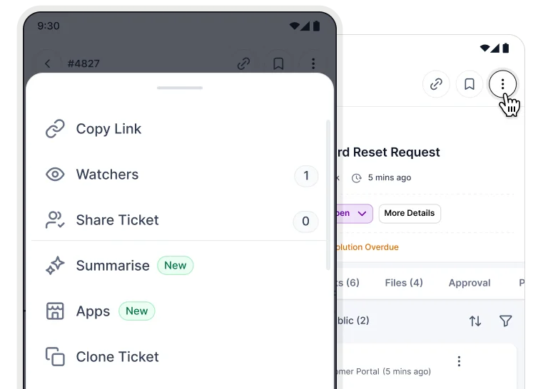 Ticket action menu displaying copy link, watchers, share ticket, AI-powered summaries, apps, and clone ticket options.