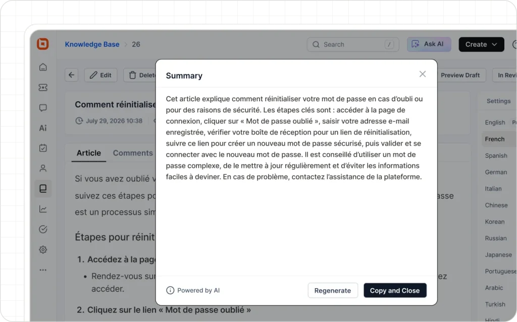 AI-generated article summary dialog in French with regenerate and copy options displayed in knowledge base UI.