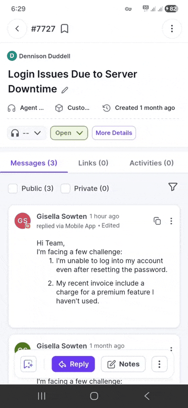 BoldDesk mobile ticket screen displaying AI-generated summary and customer message for faster context