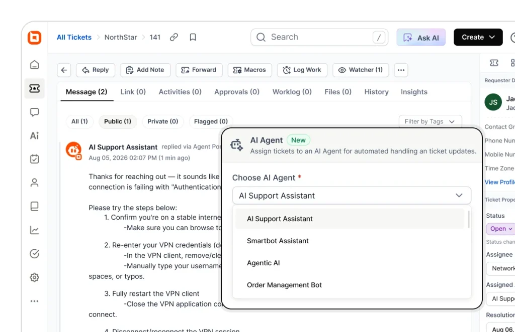 Assigning AI agents to customer support tickets in BoldDesk help desk software