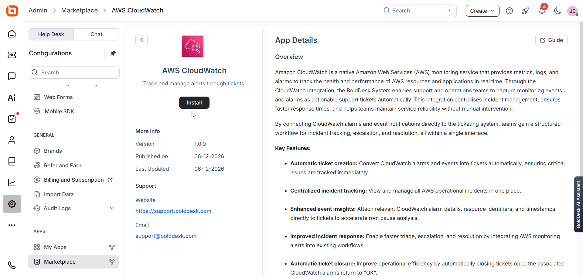 Dashboard showing how to set up AWS cloud integration in BoldDesk