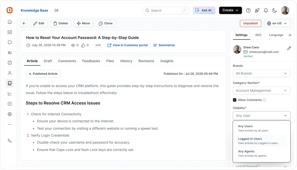 Knowledge base software access control settings for managing internal articles, user permissions, and agent-only content