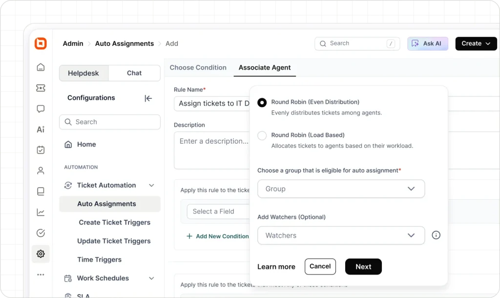 BoldDesk auto assignment settings showing round robin ticket routing options for associating agents to support rules.