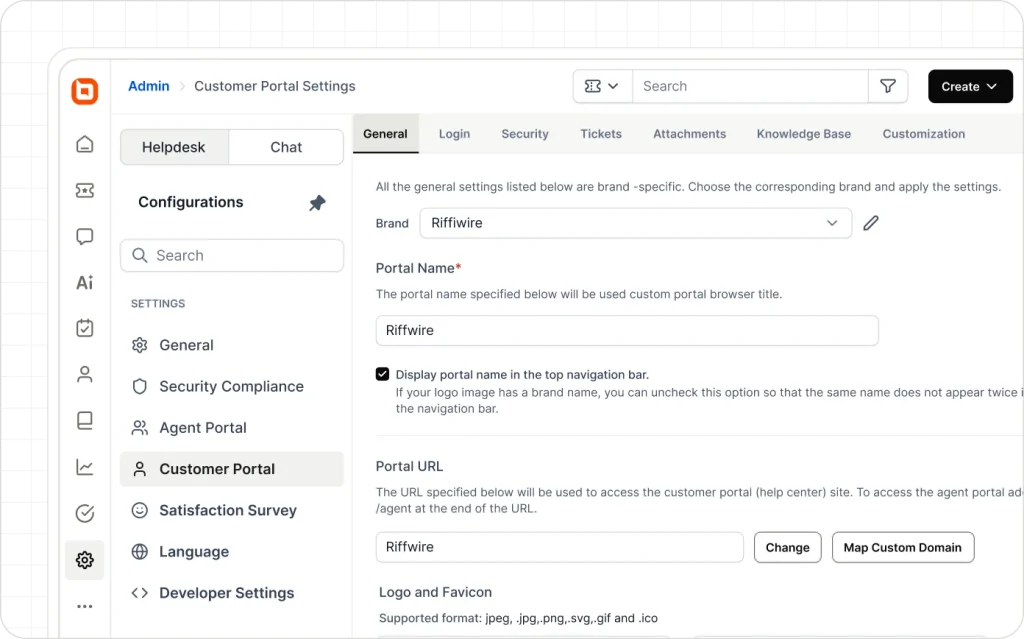 Customer portal settings dashboard for configuring branded help desk portals and custom domains