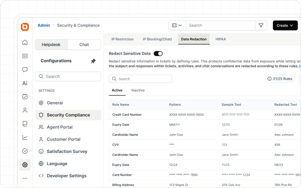 Data redaction dashboard for masking sensitive customer information in support tickets