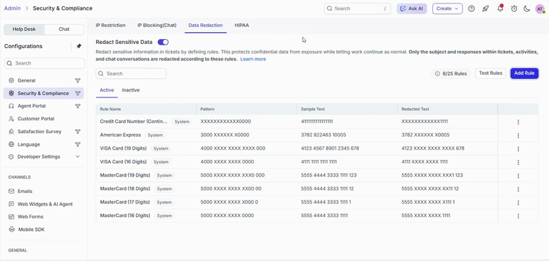 Dashboard showing how to set up custom regex rules to automatically detect and redact sensitive information in BoldDesk