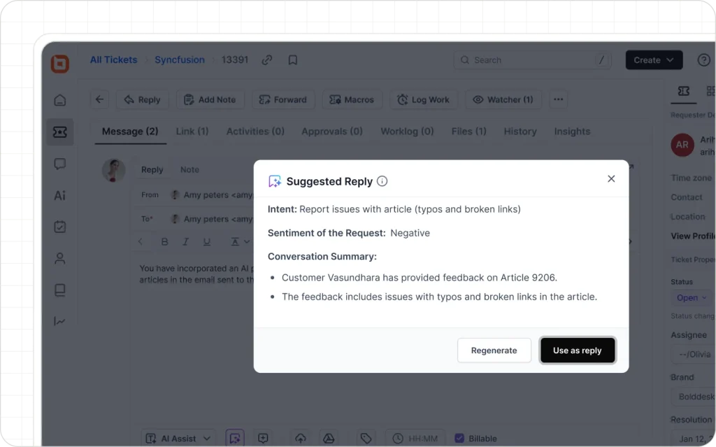 AI-powered customer support ticket analysis and suggested reply popup