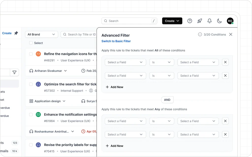 Advanced ticket filtering dashboard with custom conditions and workflow automation rules