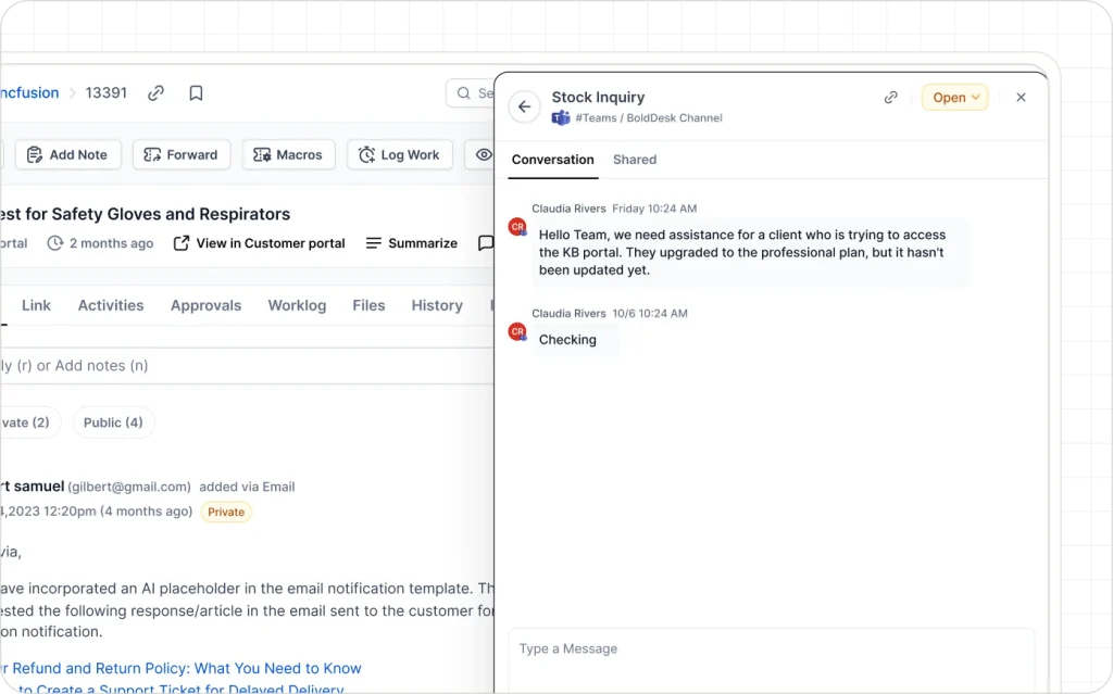 Microsoft Teams integration for customer support tickets with internal collaboration and agent communication