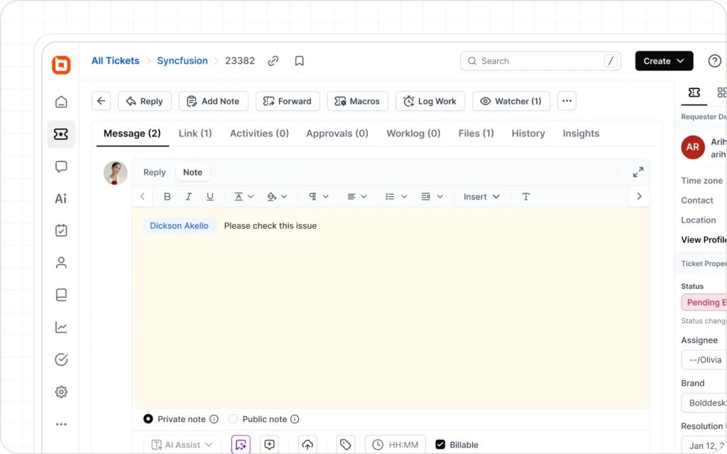 Customer support ticket workspace with private notes and agent collaboration tools