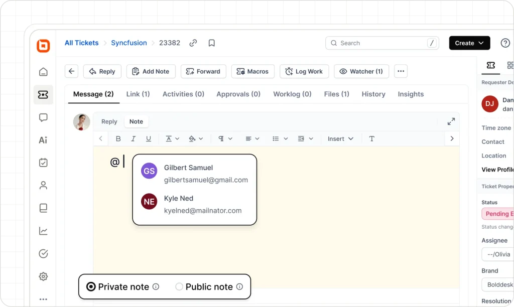 BoldDesk ticket editor showing an at-mention menu to tag agents while writing a private or public note.