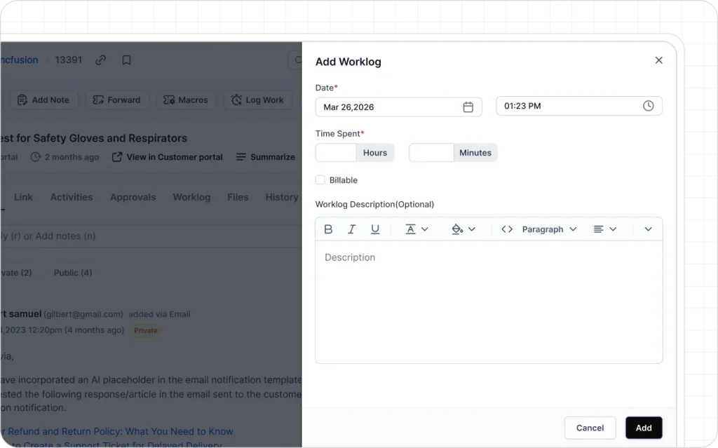 Worklog tracking form for customer support agents to log time and ticket activities
