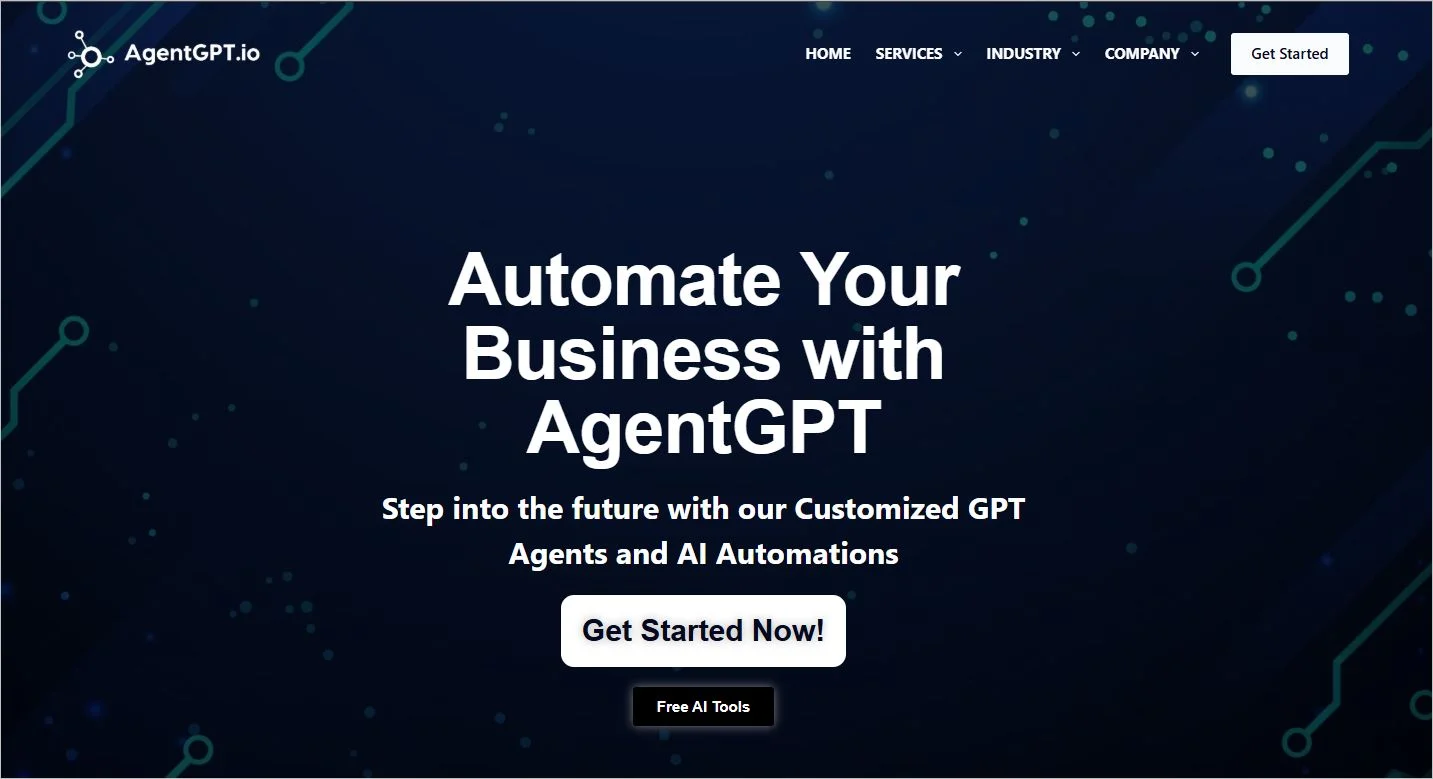 An infographic showing AgentGPT’s homepage, highlighting customized GPT agents and AI business automation solutions.