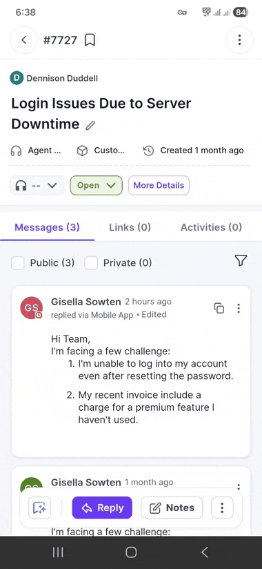 BoldDesk mobile app displaying Asana integration with linked tasks and ticket details for project and support alignment