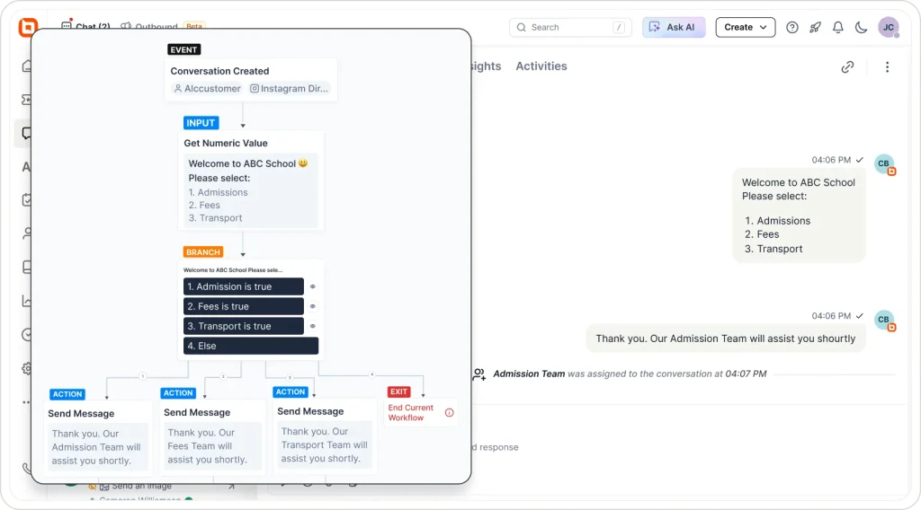Instagram customer support workflow with automated ticket assignment and department-based routing