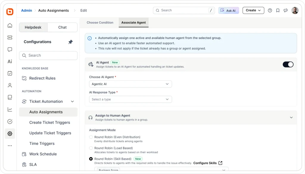 BoldDesk complaint management software showing auto assignment rules for routing complaints to AI or human agents.