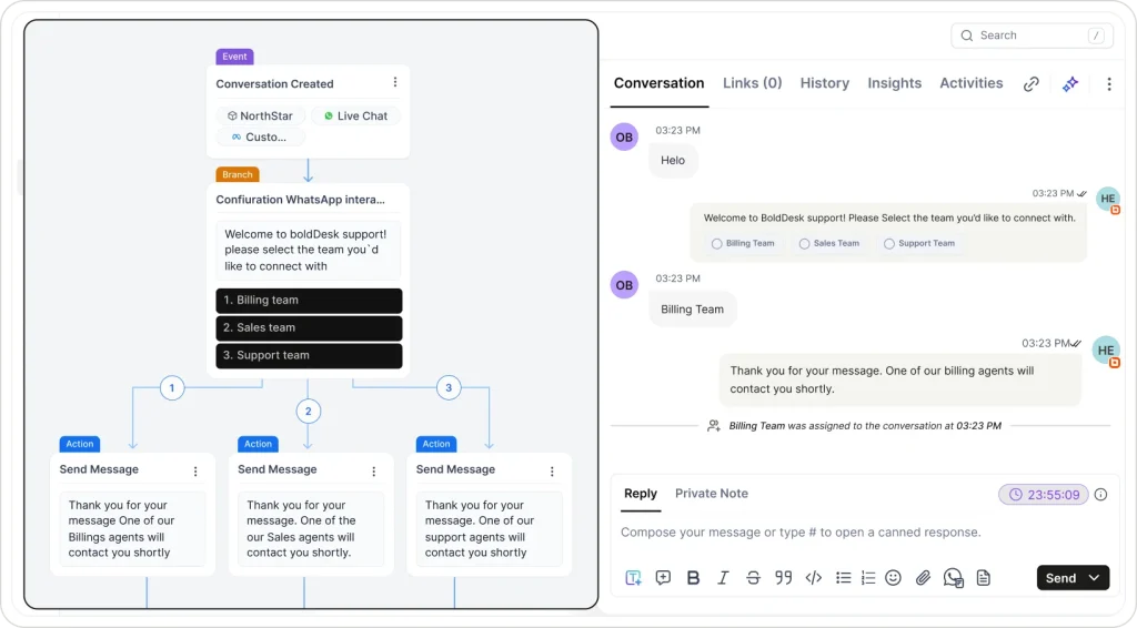 WhatsApp customer support automation workflow in BoldDesk.