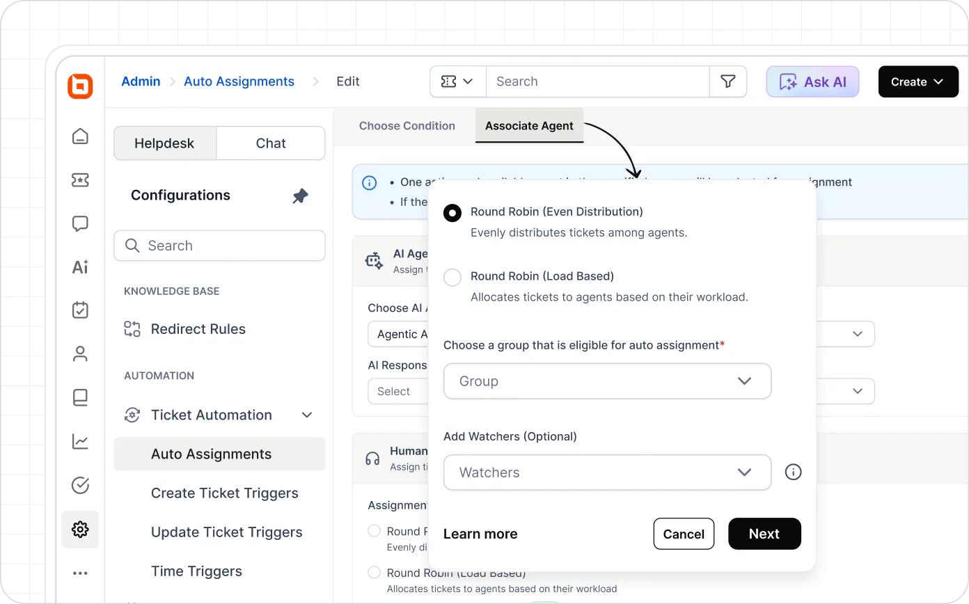 BoldDesk ticket auto-assignment settings for round-robin and load-based routing