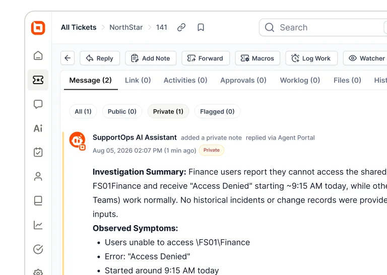 SupportOps AI Assistant private note in help desk ticket showing investigation summary and access denied issue.