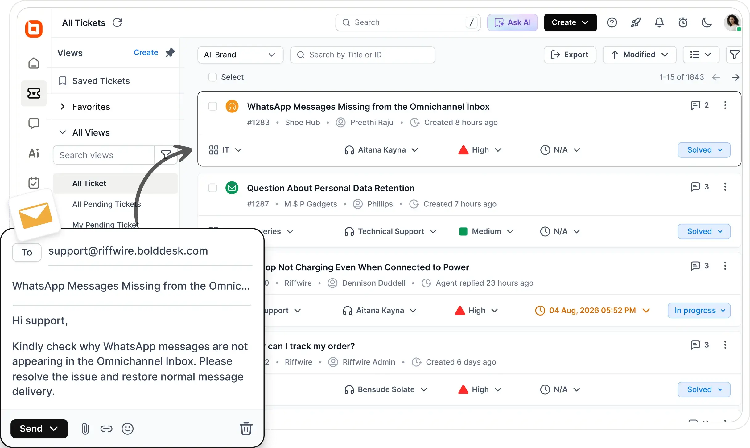 BoldDesk complaint management software showing email complaints converted into prioritized support tickets.