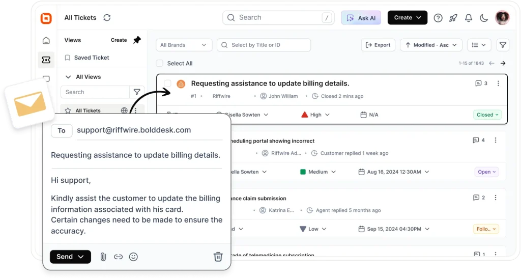 BoldDesk help desk software showing ticket management, email support, and AI-powered customer service