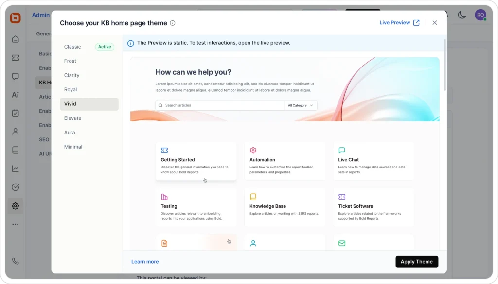 Knowledge base software branding customization interface with multiple help center themes and branded customer experience options