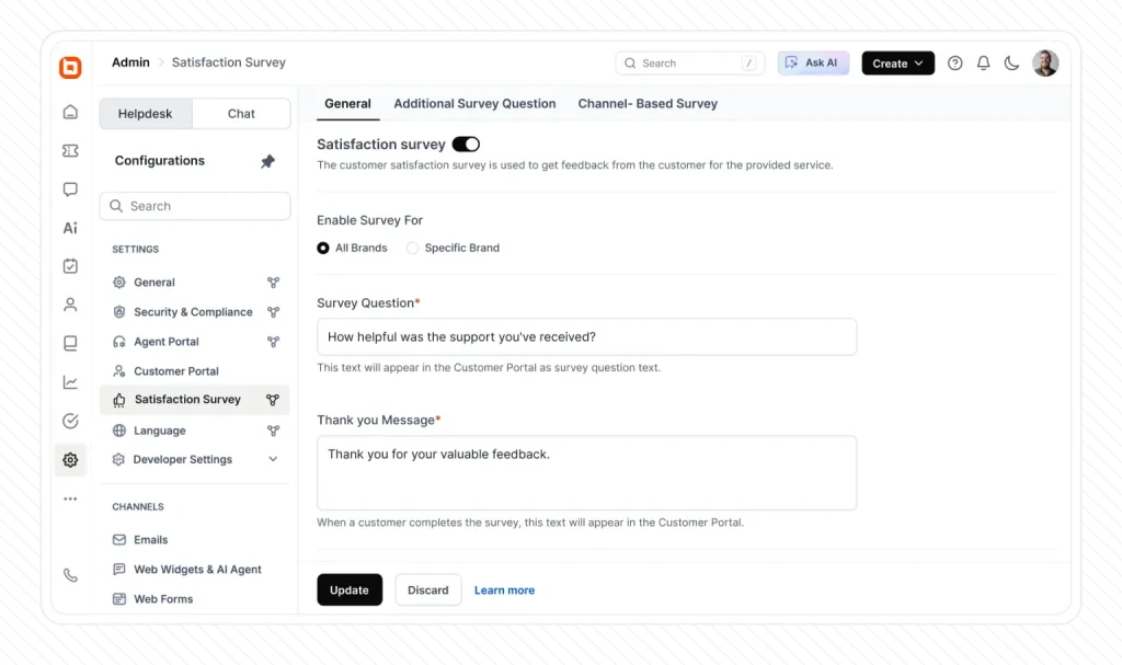 CSAT & Feedback dashboard showing survey settings customer responses and satisfaction tracking in support system