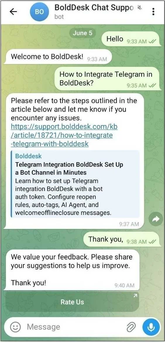 Telegram chat showing CSAT survey message with rate button after conversation in BoldDesk integration
