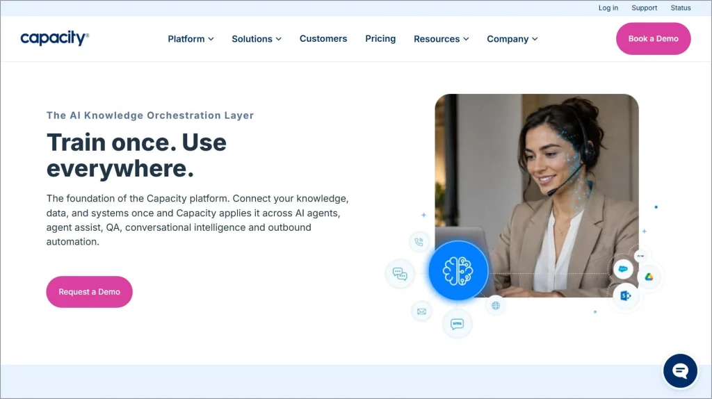Capacity landing page AI knowledge base features, a demo request button, and a knowledge search interface illustration