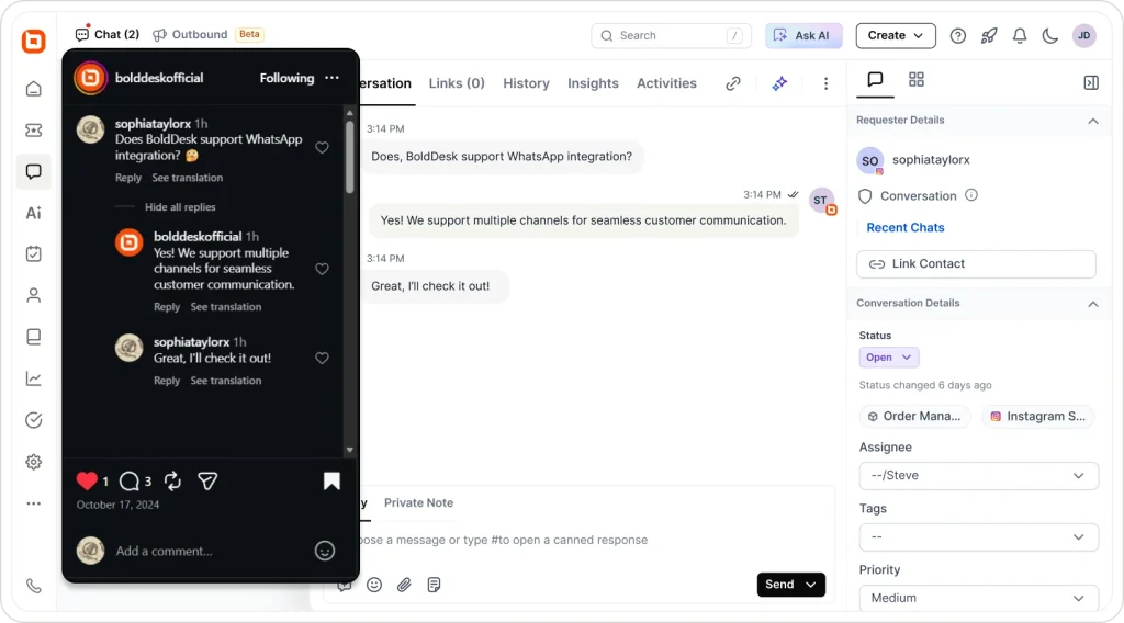 Instagram comments dashboard for managing customer conversations and social media support