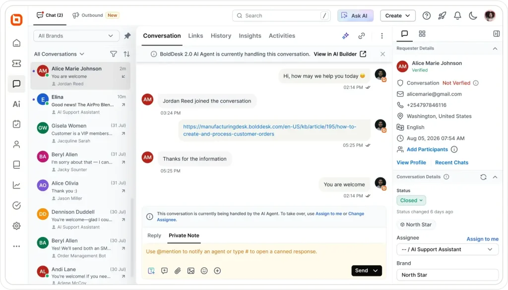BoldDesk complaint management software showing AI Agent handling customer complaints in chat with requester details.