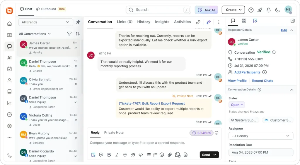 BoldDesk dashboard with WhatsApp conversations, private notes, and customer support details.